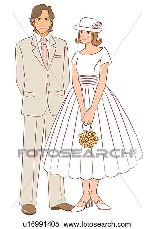 Stock Illustration - Bridal couple smiling and standing side by side, bride holding pomander bouquet made of yellow flowers, front view. Fotosearch