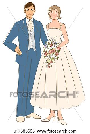 Stock Illustration - Bridal couple smiling and standing side by side, bride holding cascade bouquet, front view. Fotosearch