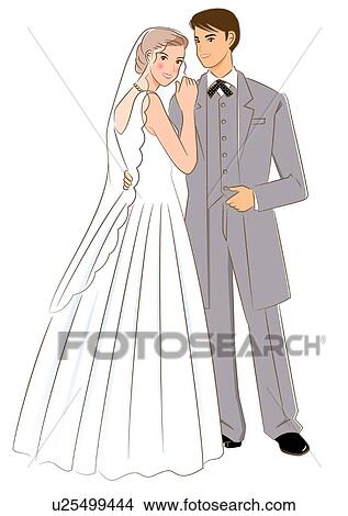 Stock Illustration - Bridal couple smiling and standing, groom putting arm around bride, portrait. Fotosearch