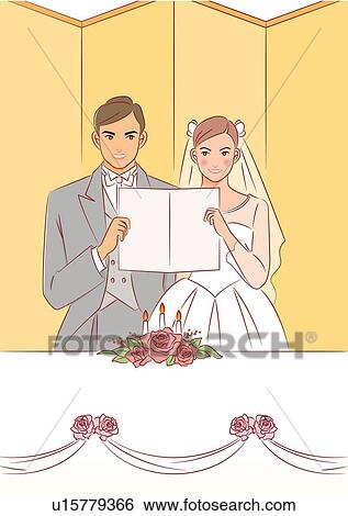 Stock Illustration - Bridal couple standing and holding a paper in front of folding screen, front view. Fotosearch