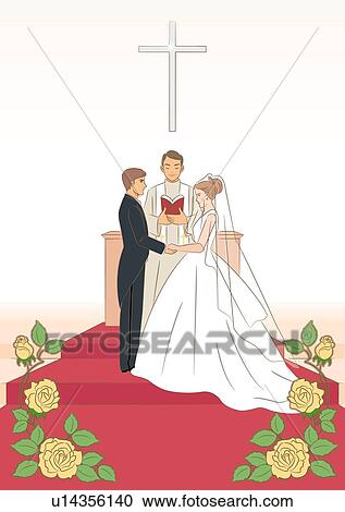 Clipart - Bridal couple standing at altar face to face and holding hand of each other in front of minister. Fotosearch