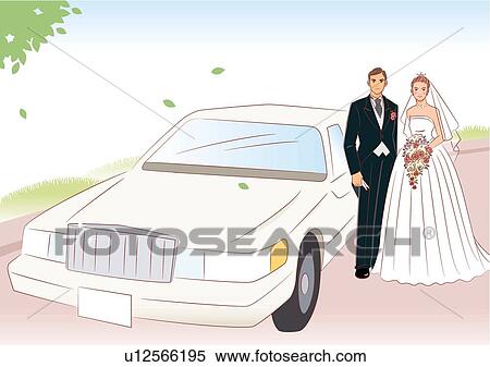 Bridal couple standing beside limousine, bride holding wedding cascade bouquet, portrait View Large Illustration Stock Illustration - Bridal couple standing beside limousine, bride holding wedding cascade bouquet, portrait. Fotosearch