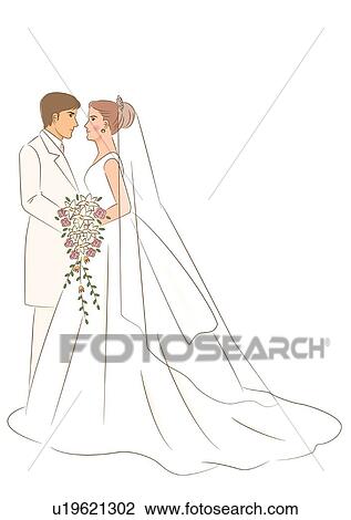 Drawing - Bridal couple standing face to face, side view. Fotosearch
