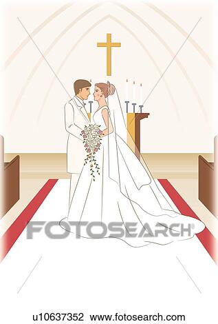 Drawing - Bridal couple standing face to face in church, side view. Fotosearch