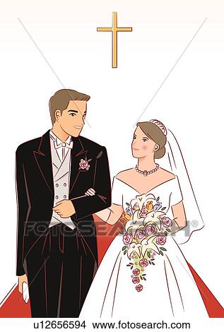 Stock Illustration - Bridal couple standing side by side and looking at each other on aisle in church, front view. Fotosearch