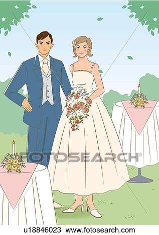Drawing - Bridal couple standing side by side outside, bride holding wedding cascade bouquet, front view. Fotosearch