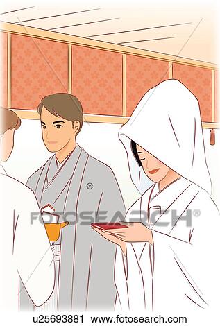 Bridal couple standing side by side in Japanese style clothing, bride holding a cup of sake, side view View Large Illustration Clip Art - Bridal couple standing side by side in Japanese style clothing, bride holding a cup of sake, side view. Fotosearch