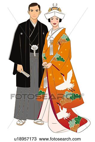 Bridal couple standing side by side in Japanese style clothing, front view View Large Illustration Drawing - Bridal couple standing side by side in Japanese style clothing, front view. Fotosearch