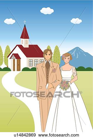 Stock Illustration - Bridal couple standing side by side in front of church, bride holding wedding bouquet, front view. Fotosearch
