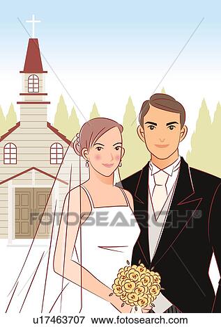 Bridal couple standing side by side in front of church, bride holding wedding bouquet, front view View Large Illustration Stock Illustration - Bridal couple standing side by side in front of church, bride holding wedding bouquet, front view. Fotosearch