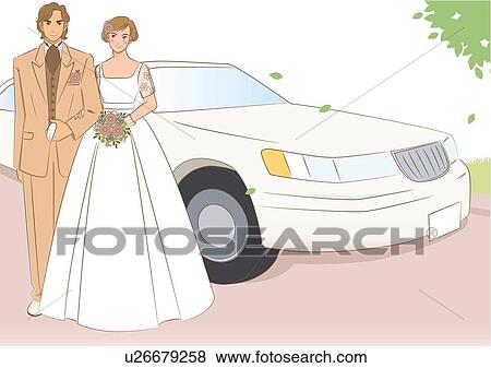 Stock Illustration - Bridal couple standing side by side in front of limousine, front view. Fotosearch