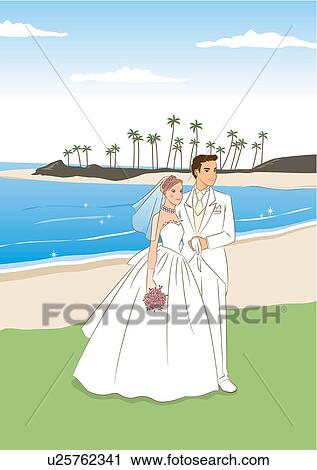 Clip Art - Bridal couple standing side by side on beach, bride holding wedding bouquet, side view. Fotosearch