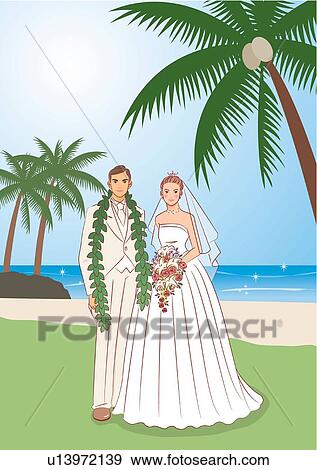 Stock Illustration - Bridal couple standing side by side on beach, bride holding wedding cascade bouquet, front view. Fotosearch