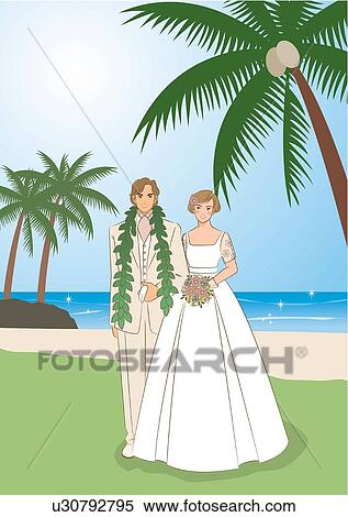 Stock Illustration - Bridal couple standing side by side on beach, bride holding wedding bouquet, front view. Fotosearch