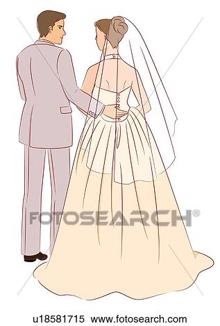 Stock Illustration - Bridal couple standing side by side, groom putting arm around bride, rear view. Fotosearch