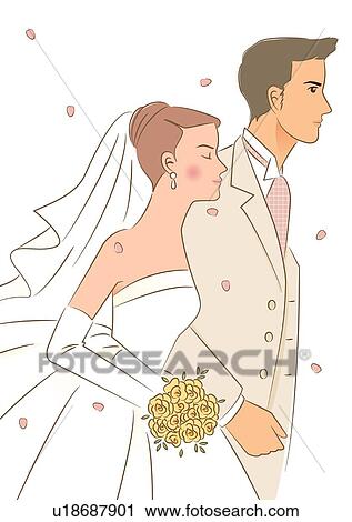 Clip Art - Bridal couple walking together in flower petals, side view. Fotosearch