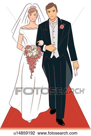 Drawing - Bridal couple walking together on red carpet, bride holding wedding cascade bouquet, front view. Fotosearch
