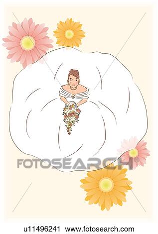 Clip Art - Bride looking up and holding wedding cascade bouquet, portrait, high angle view. Fotosearch