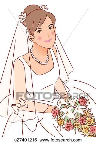 Bride looking up and holding wedding cascade bouquet, portrait, high angle view View Large Illustration Stock Illustration - Bride looking up and holding wedding cascade bouquet, portrait, high angle view. Fotosearch