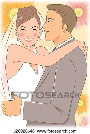 Bride putting arm around shoulder of groom, blushing cheeks, portrait View Large Illustration Stock Illustration - Bride putting arm around shoulder of groom, blushing cheeks, portrait. Fotosearch