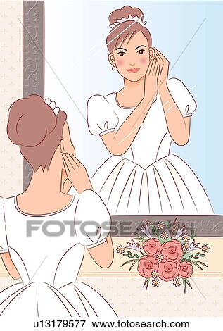Stock Illustration - Bride putting earring, looking at reflection in mirror, rear view. Fotosearch