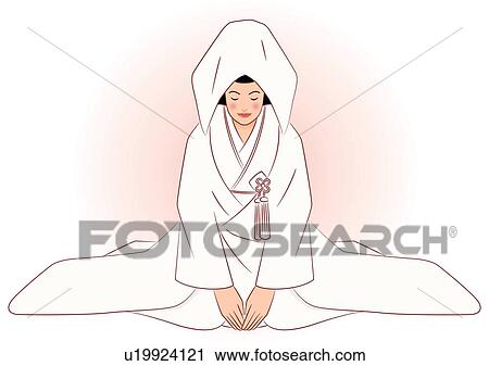 Bride sitting and bowing in Japanese style clothing, front view View Large Illustration Clip Art - Bride sitting and bowing in Japanese style clothing, front view. Fotosearch