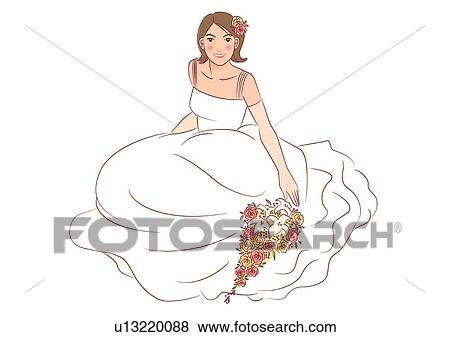 Stock Illustration - Bride sitting and looking up, wedding cascade bouquet on dress, portrait, high angle view. Fotosearch