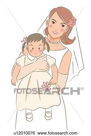 Bride smiling and holding a girl up, portrait, front view View Large Illustration Stock Illustration - Bride smiling and holding a girl up, portrait, front view. Fotosearch