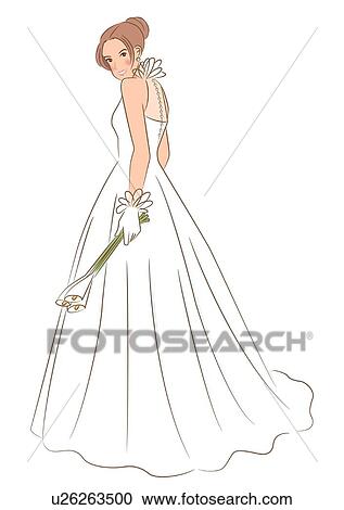 Clipart - Bride standing and holding wedding arm bouquet made of calla, looking back, portrait. Fotosearch