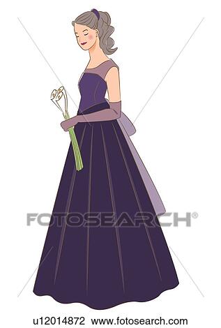 Bride standing and holding wedding arm bouquet made of calla with closed eyes, side view View Large Illustration Drawing - Bride standing and holding wedding arm bouquet made of calla with closed eyes, side view. Fotosearch