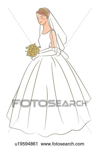 Clip Art - Bride standing and holding wedding bouquet made of yellow flowers, side view. Fotosearch
