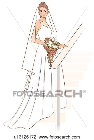 Bride standing and holding wedding cascade bouquet on stairs, portrait, side view View Large Illustration Drawing - Bride standing and holding wedding cascade bouquet on stairs, portrait, side view. Fotosearch