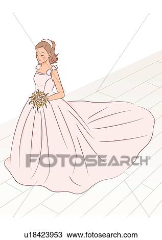Bride standing and holding wedding cascade bouquet with closed eyes, high angle view View Large Illustration Drawing - Bride standing and holding wedding cascade bouquet with closed eyes, high angle view. Fotosearch