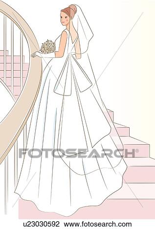 Bride standing and holding wedding bouquet on stairs, portrait, rear view View Large Illustration Drawing - Bride standing and holding wedding bouquet on stairs, portrait, rear view. Fotosearch