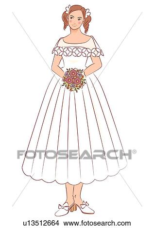 Stock Illustration - Bride standing and holding wedding bouquet, front view. Fotosearch