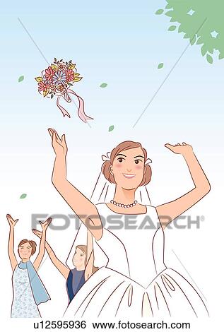 Stock Illustration - Bride tossing a bouquet back, two women trying to receive it, low angle view. Fotosearch