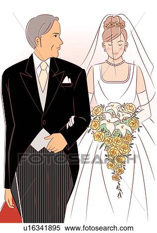 Stock Illustration - Bride walking down the aisle with father, front view. Fotosearch