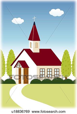 Stock Illustration - Church among greens, side view. Fotosearch