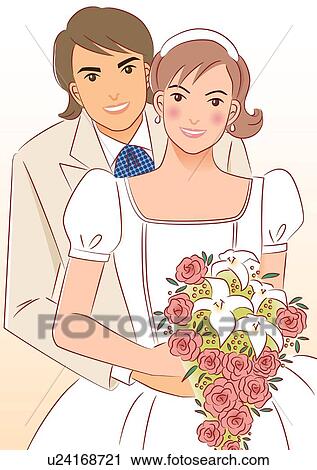 Clip Art - Groom embracing bride from back, bride holding wedding cascade bouquet, portrait. Fotosearch