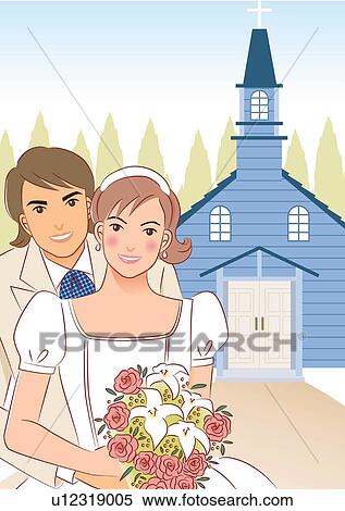 Stock Illustration - Groom embracing bride from back in front of church, bride holding wedding bouquet, front view. Fotosearch