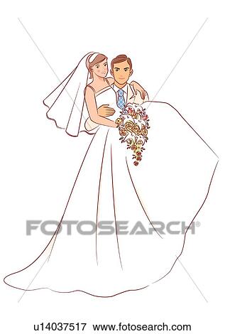 Stock Illustration - Groom lifting bride, bride putting arm around shoulder of groom and holding cascade bouquet, portrait. Fotosearch