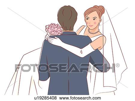 Stock Illustration - Groom lifting bride, bride putting arm around shoulder of groom and holding bouquet. Fotosearch