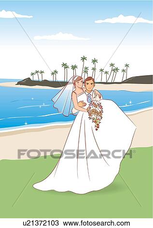 Drawing - Groom lifting bride on beach, bride holding wedding cascade bouquet, portrait. Fotosearch