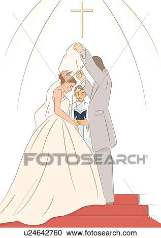 Clipart - Groom lifting veil from bride at altar. Fotosearch
