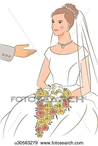Stock Illustration - Groom reaching hand out to bride sitting and holding cascade bouquet, front view. Fotosearch