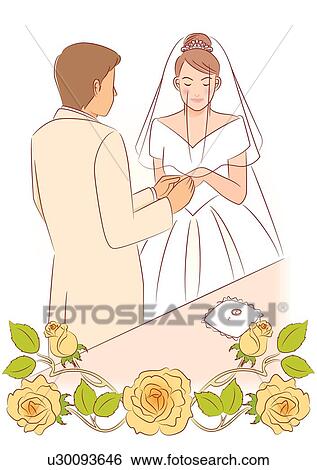 Groom sliding ring on bride's finger, bride closing eyes View Large Illustration Stock Illustration - Groom sliding ring on bride's finger, bride closing eyes. Fotosearch