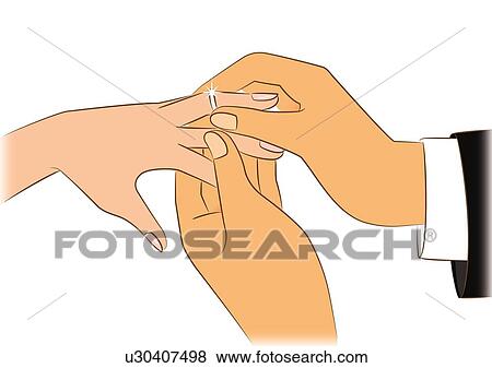Stock Illustration - Groom sliding ring on bride's finger, close up. Fotosearch