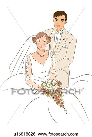 Groom standing aside of bride sitting on chair, bride holding wedding cascade bouquet, portrait View Large Illustration Stock Illustration - Groom standing aside of bride sitting on chair, bride holding wedding cascade bouquet, portrait. Fotosearch