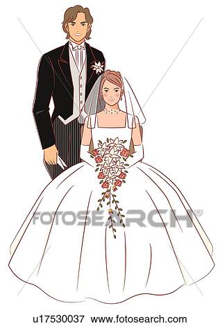 Groom standing aside of bride sitting on chair, bride holding wedding cascade bouquet, front view View Large Illustration Stock Illustration - Groom standing aside of bride sitting on chair, bride holding wedding cascade bouquet, front view. Fotosearch