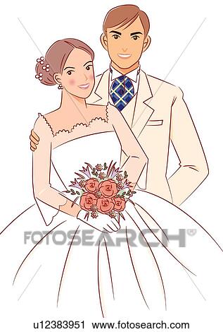 Groom standing back of bride holding wedding bouquet, portrait View Large Illustration Clip Art - Groom standing back of bride holding wedding bouquet, portrait. Fotosearch